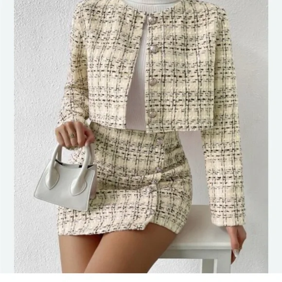 SHEIN CURVE Tweed Jacket & Skirt Set With Button Design On The Skirt 0XL - Picture 2 of 7